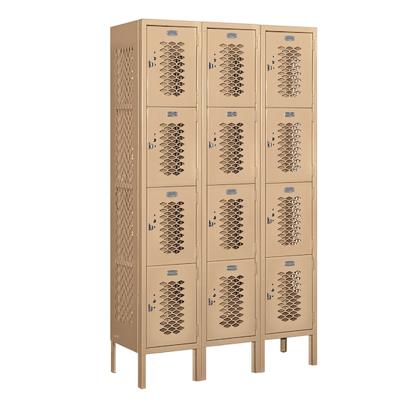 4 Tier Vented Locker, 36"Wx66"Hx12"D, 12 Door, Tan, Unassembled